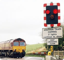 train at auto half barrier crossing, UK